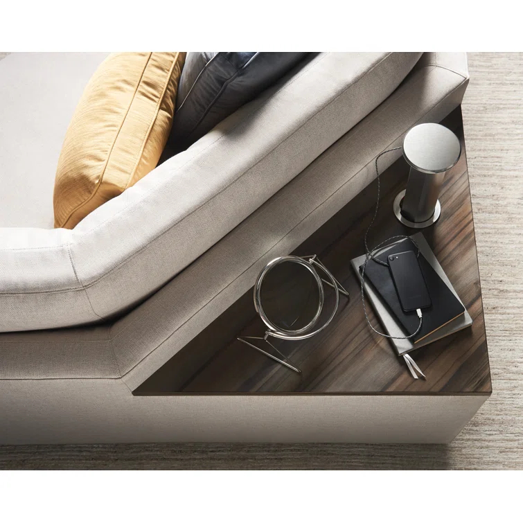 Beige Linen Transitional Stationary Sectional Sofa with Smoked Sable Wood Shelf