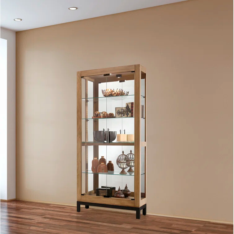 Transitional Aged Natural Lighted Curio Cabinet with Charcoal Base