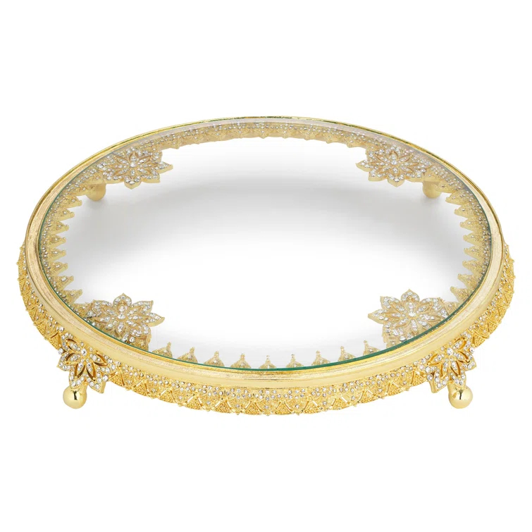 Gold and Glass Pedestal Cake Stand with European Crystals