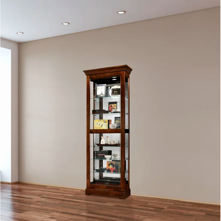 Cherry Bordeaux Lighted Traditional Curio Cabinet with Glass Shelves
