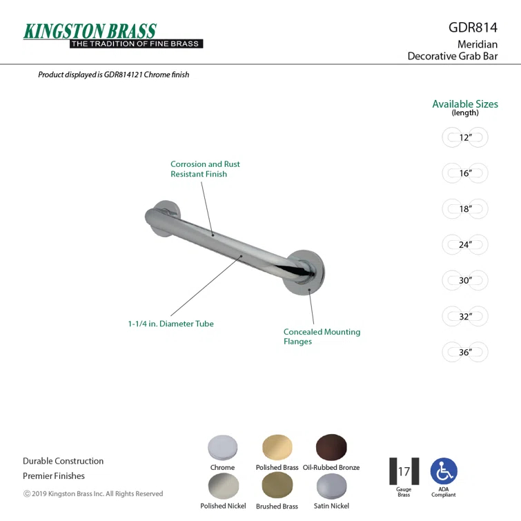 Kingston Brass Silver Sage 1-1/4 Inch O.D Grab Bar