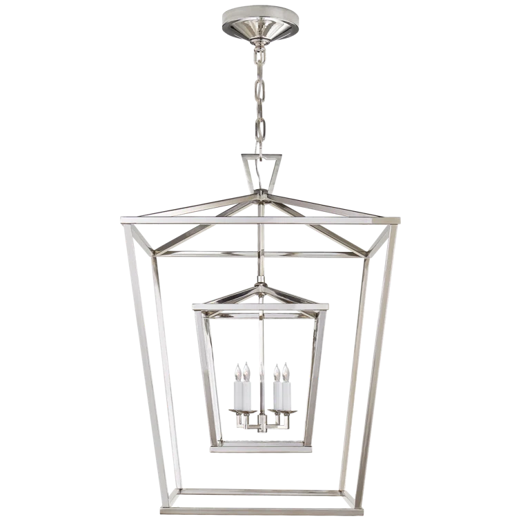 Elegant 34" Polished Nickel Double Cage Pendant with Crystal Accents