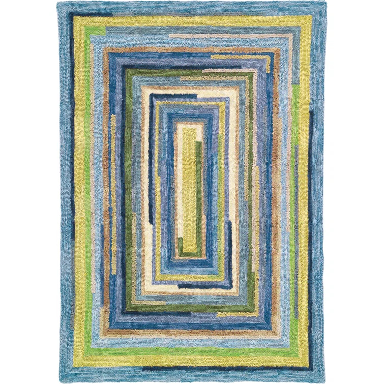 Concentric Geometric Handmade Tufted Wool Blue/Green/Yellow Area Rug