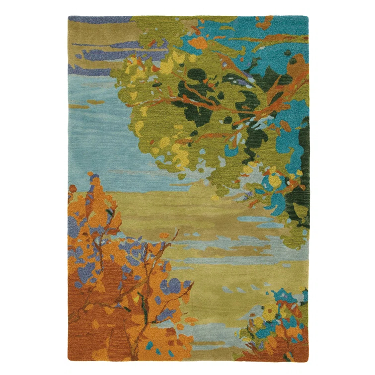 Landscape Floral Handmade Tufted Wool Teal/Yellow/Blue Area Rug