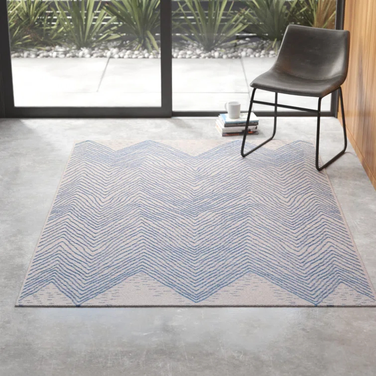 Dunham Abstract Indoor/Outdoor Area Rug for Living Room Patio Deck Front Porch Kitchen, Blue/Ivory