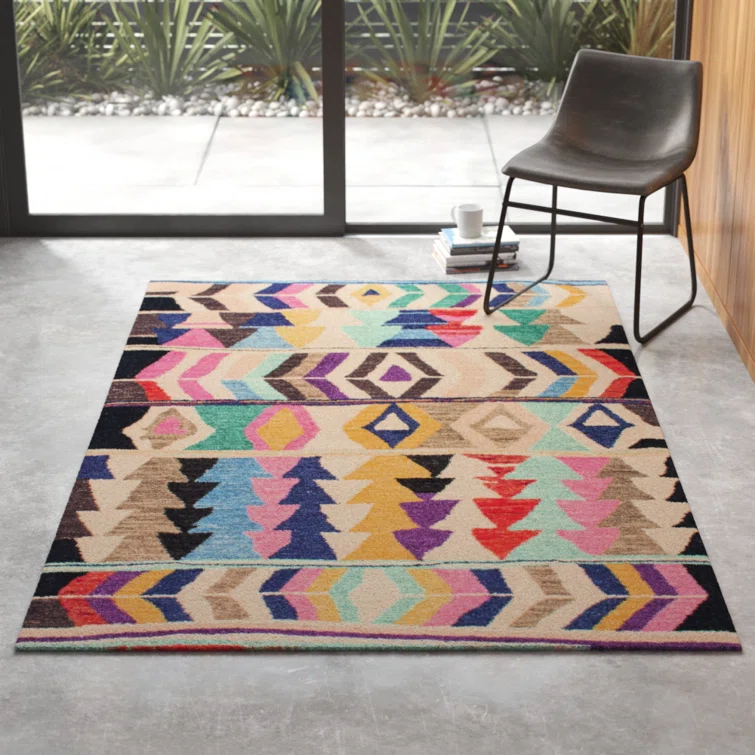 Leiarna Geometric Wool Runner Rug for Living Room Bedroom Dining Room Entryway Hallway Kitchen, Multicolor/Black
