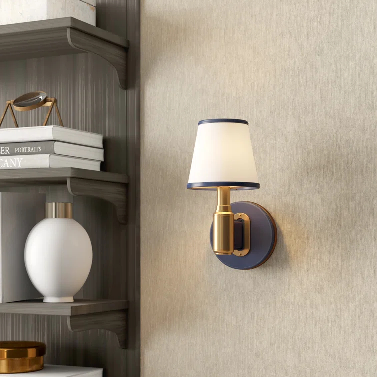 Polished Nickel and Chocolate Leather Sconce with Linen Shade