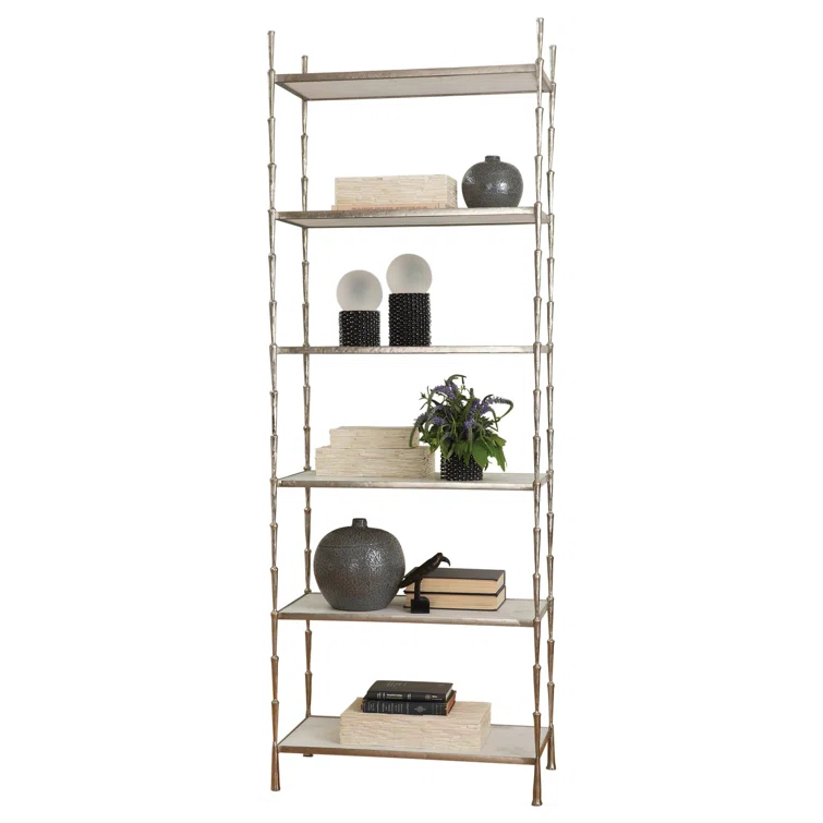 Antique Nickel Adjustable Etagere with White Marble Shelves