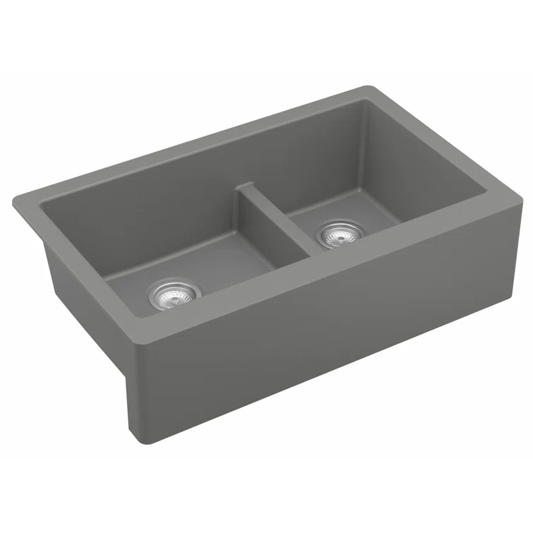 Karran Quartz 34'' X 21-1/4'' 60/40 Double Bowl Farmhouse/Apron Front Kitchen Sink Kit