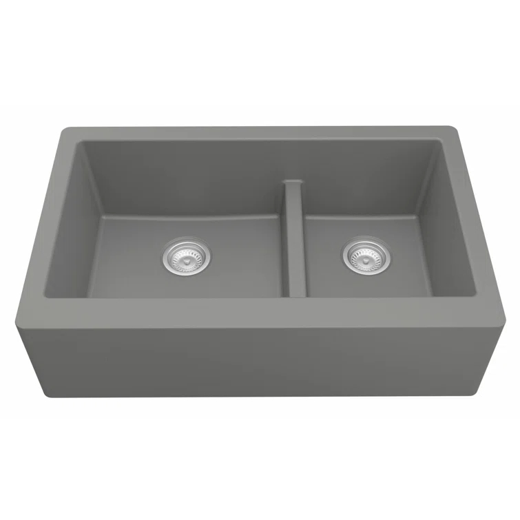 Karran Quartz 34'' X 21-1/4'' 60/40 Double Bowl Farmhouse/Apron Front Kitchen Sink Kit