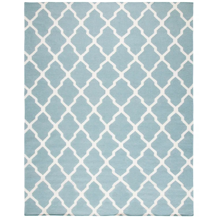 Dhurrie Hand Woven Flat Weave Wool/Cotton Geometric Rug in Light Blue/Ivory