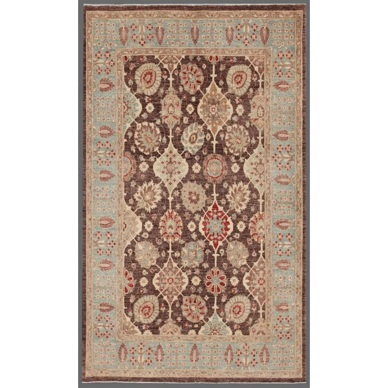 Elegant Ferehan Hand-Knotted 6' x 10' Light Blue Floral Wool Rug