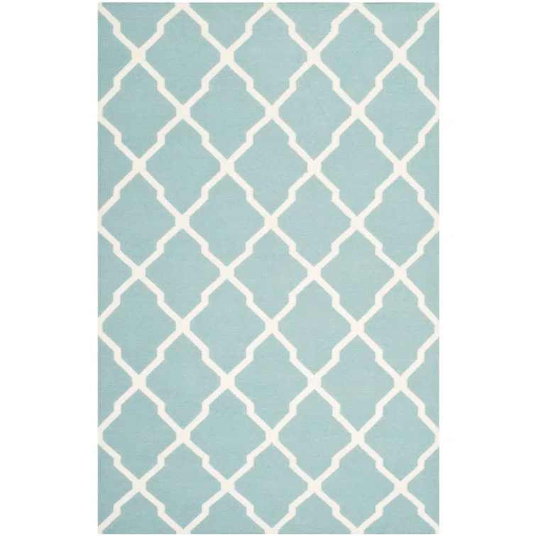 Dhurrie Hand Woven Flat Weave Wool/Cotton Geometric Rug in Light Blue/Ivory