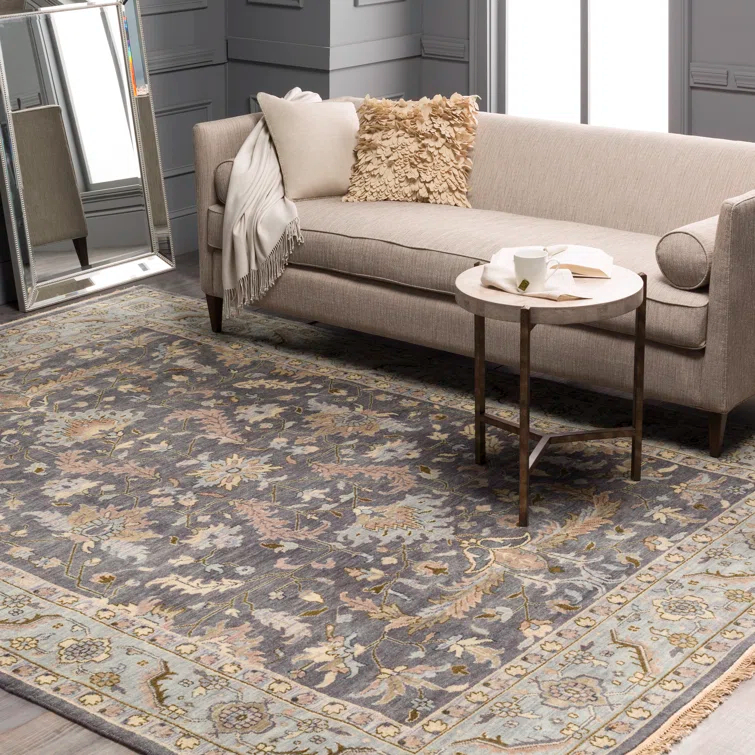 Hand-Knotted Blue and Charcoal Wool Rectangular Rug