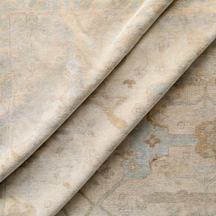 Hand-Knotted Ivory and Tan Wool Rectangular Area Rug