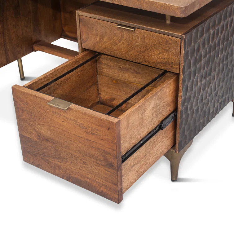 Raw Walnut Mango Wood Executive Desk with Circular Carved Accents