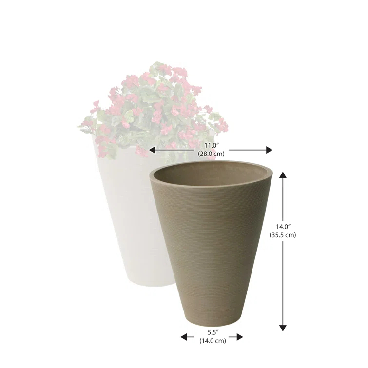 Algreen Valencia Planter, 2 Round Taper Ribbed Planters, 11.4-In. Diameter by 14-In., Taupe, 2 Pack