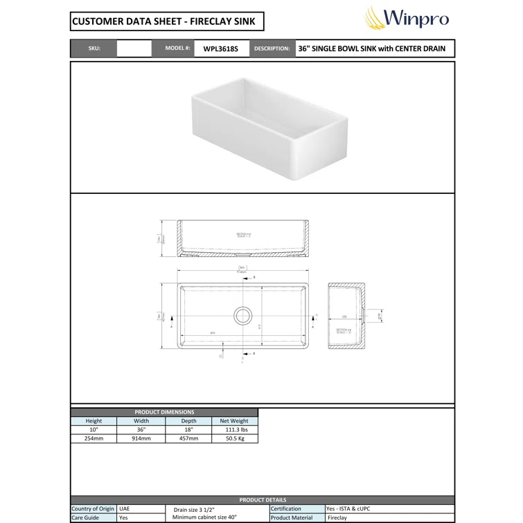 36'' L Farmhouse / Apron Single Bowl Fireclay Kitchen Sink