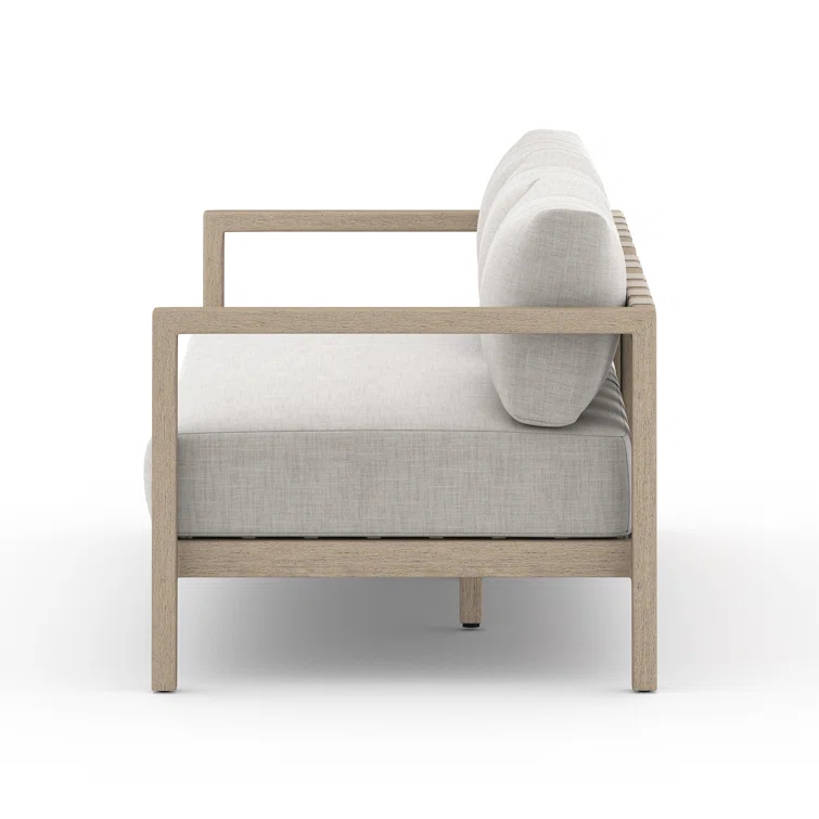 Gray Teak Wood Three-Seat Outdoor Stationary Sofa