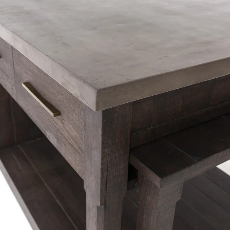 Acacia Wood Brown Rectangular Kitchen Island with Concrete Top