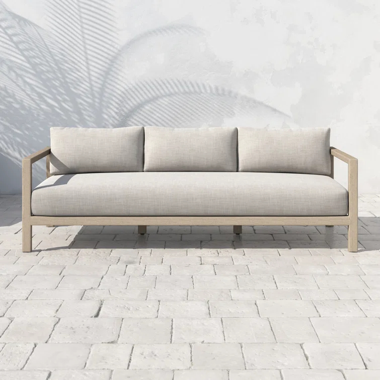 Gray Teak Wood Three-Seat Outdoor Stationary Sofa