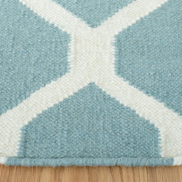 Dhurrie Hand Woven Flat Weave Wool/Cotton Geometric Rug in Light Blue/Ivory