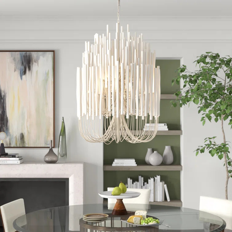 Whitewashed Wood 5-Light Chandelier with Curved Iron Arms