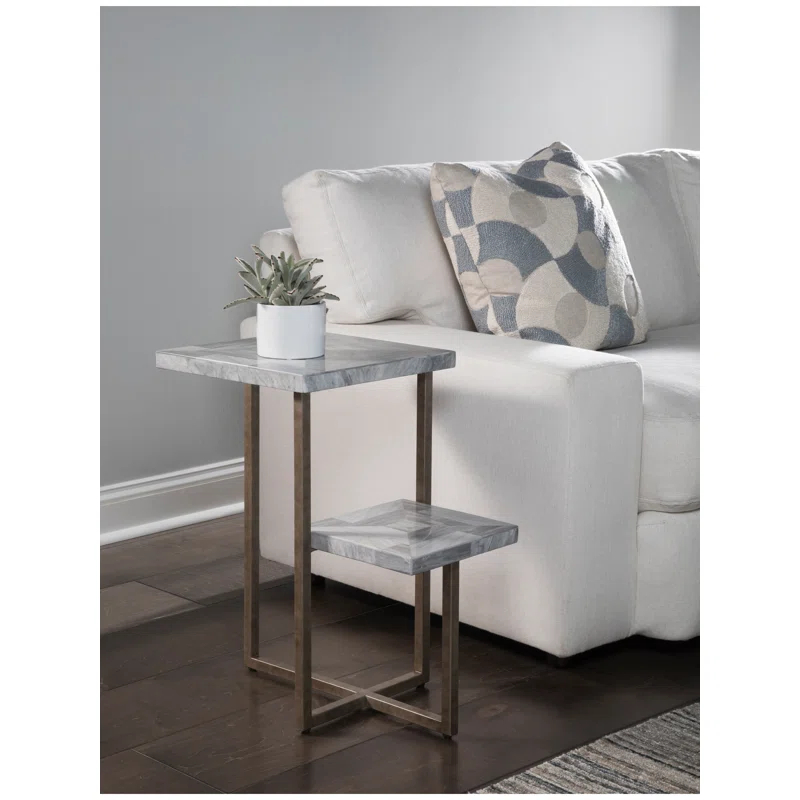 Silver Rectangular Stone and Metal Tiered Table