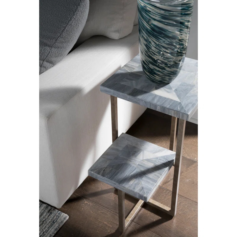 Silver Rectangular Stone and Metal Tiered Table