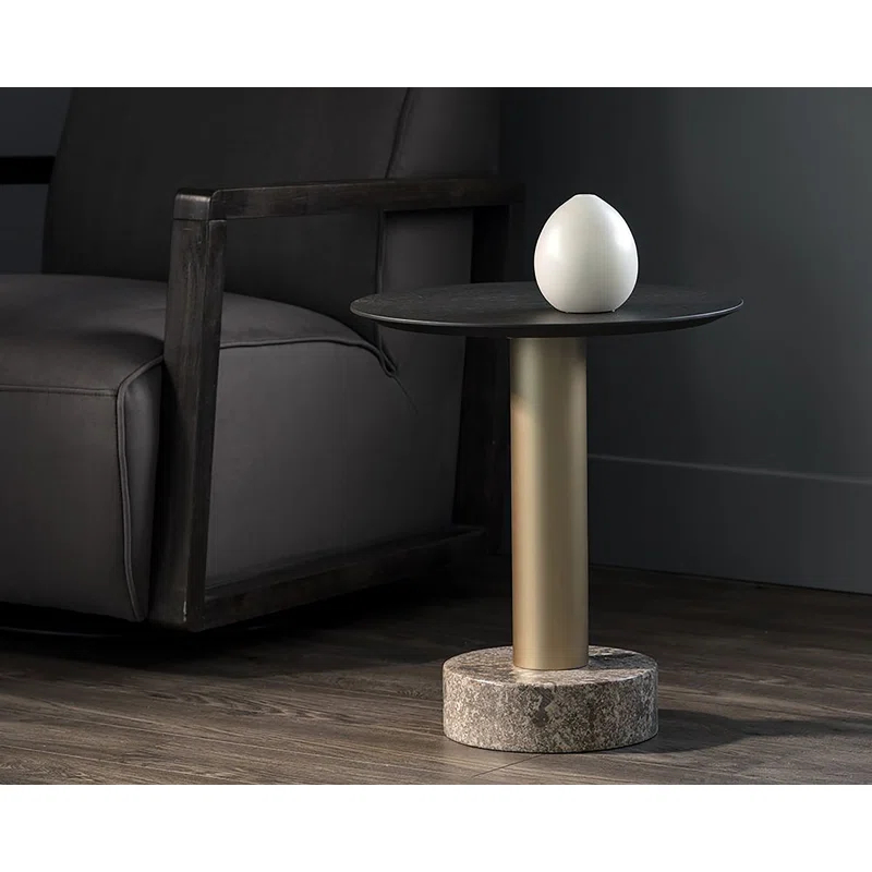 Transitional Charcoal Grey Round End Table with Light Grey Marble Top