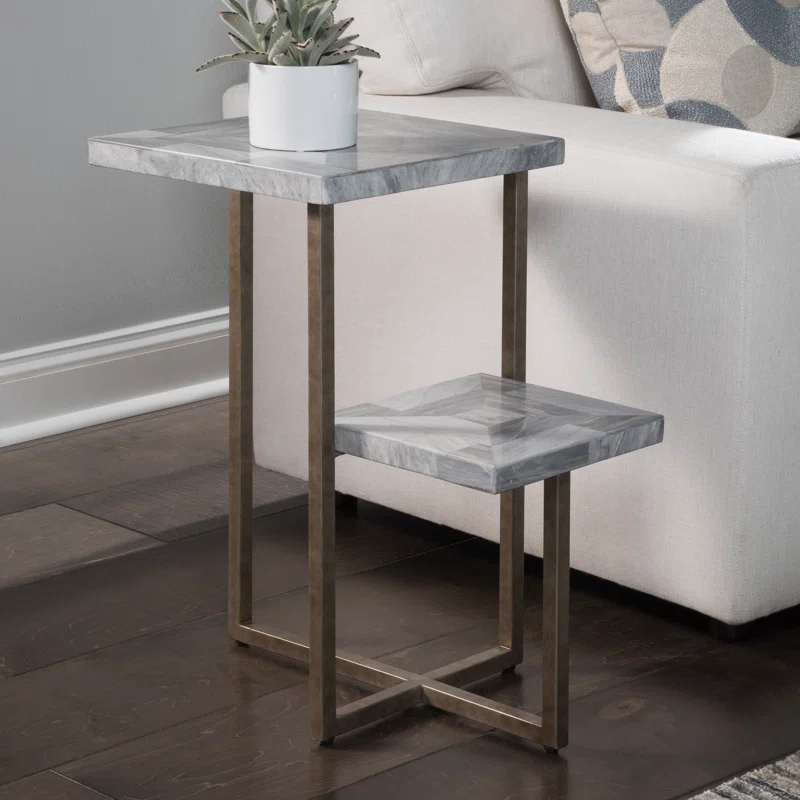 Silver Rectangular Stone and Metal Tiered Table