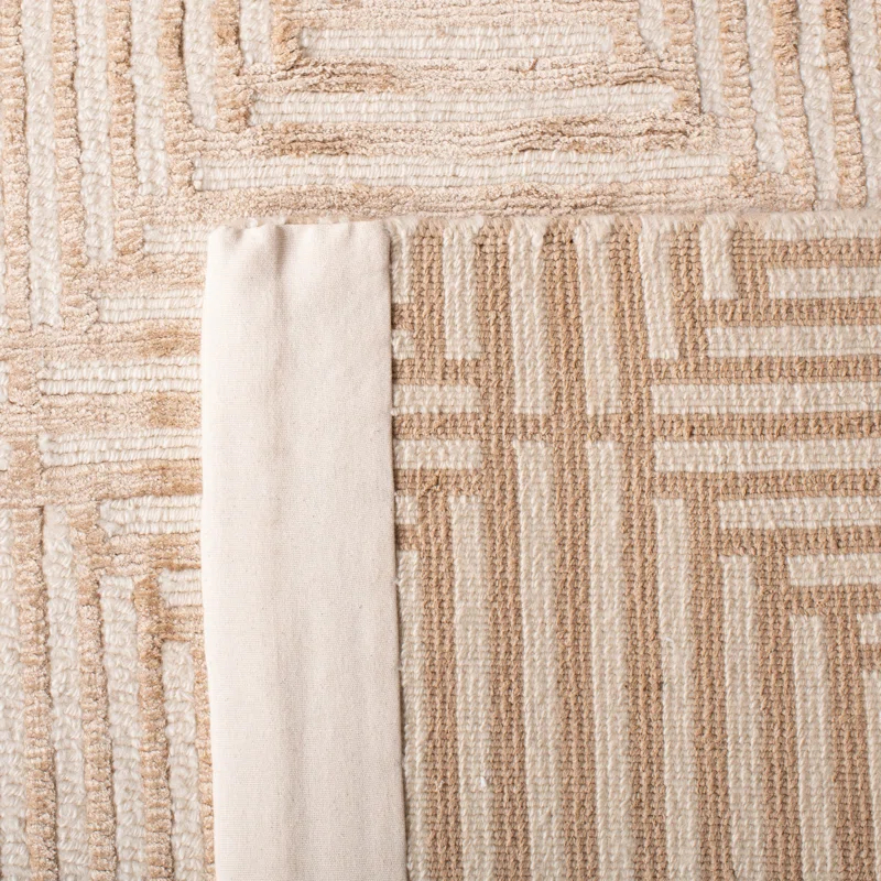 Nepalese Camel Geometric Hand-Knotted Wool and Silk Area Rug, 6' x 9'
