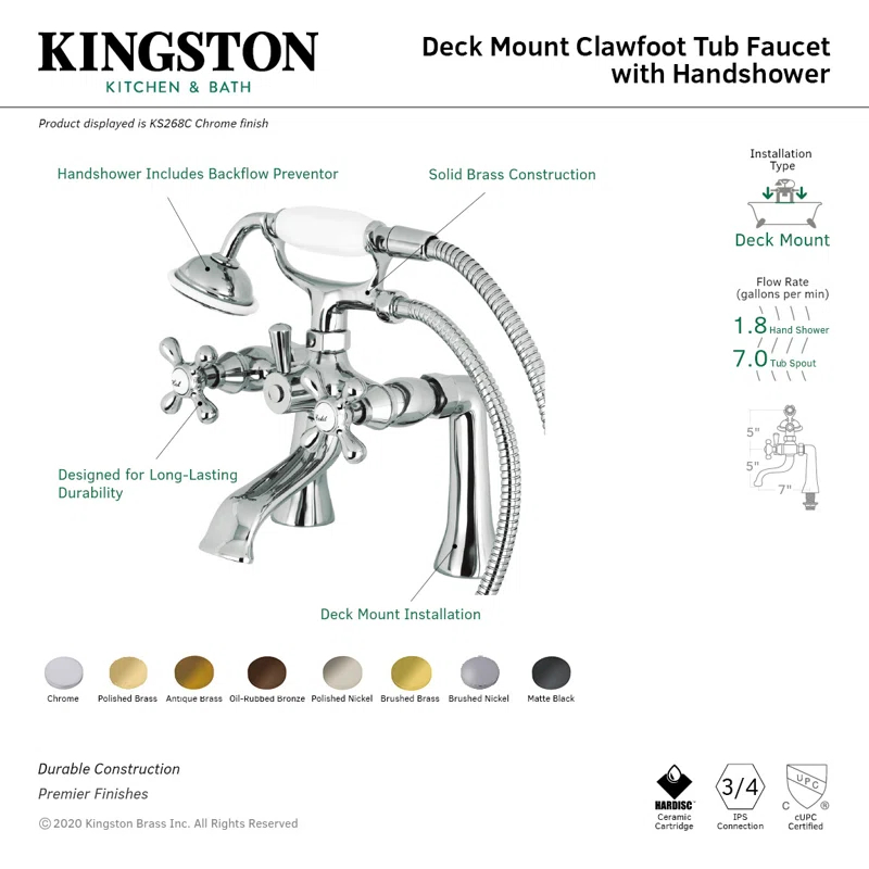 Kingston Brass Kingston Three-Handle 2-Hole Deck Mount Clawfoot Tub Faucet with Hand Shower