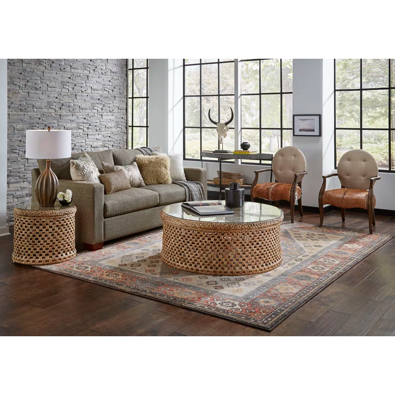 Oak Chestnut Arm Chair with Linen and Hide Upholstery