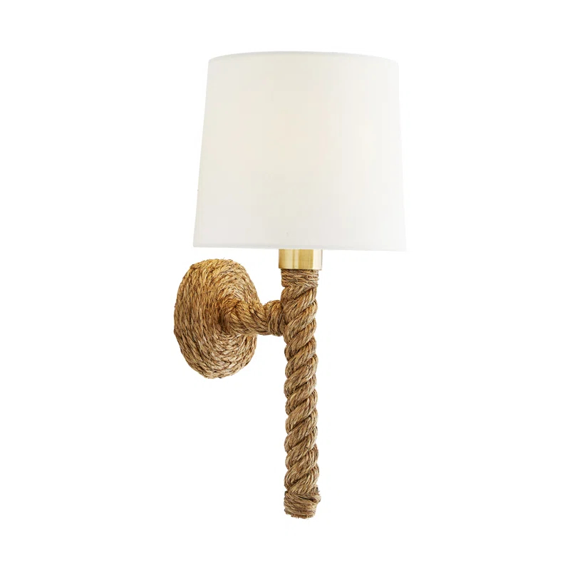 Douglas 19" Coastal Brass & Jute Wall Sconce with Off-White Linen Shade