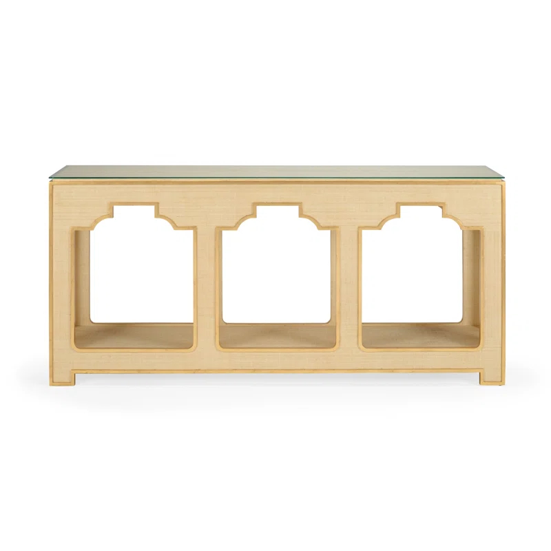 Cream and Gold Leaf Wood Console Table with Glass Top
