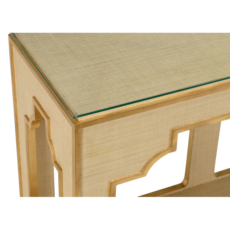 Cream and Gold Leaf Wood Console Table with Glass Top