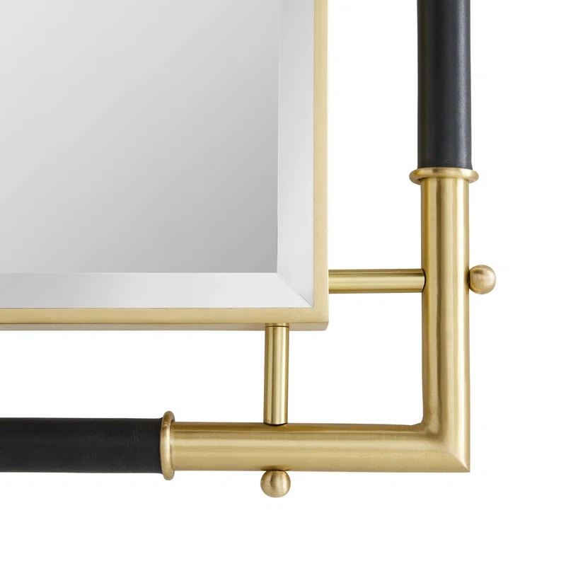 Atlanta Luxe Gold Brass and Navy Leather Rectangular Wall Mirror