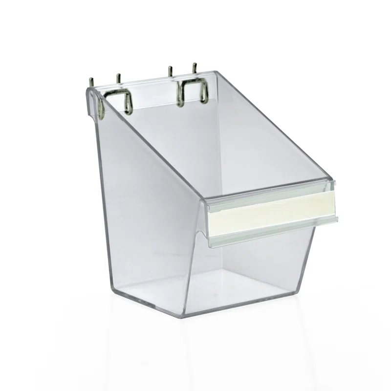 Azar Displays Small Clear Plastic Molded Bucket, Storage Container Bin for Pegboard, Slatwall, or Counter with Label Holder on Front and 2 Metal U-Hooks, Size: 5.25"W x 6.25"D x 6.875"H, 4-Pack (Set of 4)