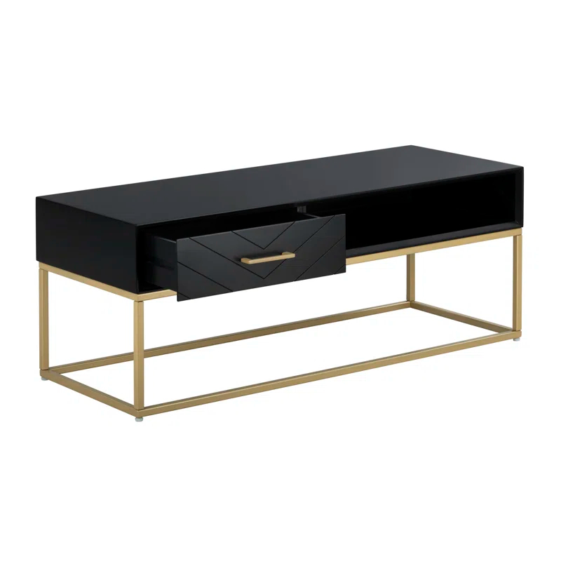 Tommy Hilfiger Tommy Hilfiger Ellias Modern TV Console Stand with 1 Drawer, Glossy Black Top, Golden Metal Frame