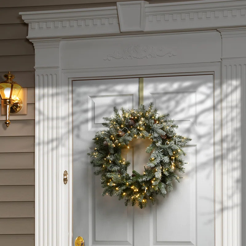 The Holiday Aisle® 24" Snowy Morgan Spruce Wreath with Dual Color LED Cosmic Lights