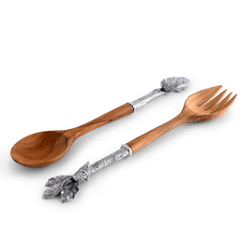 13" Acacia Wood and Pewter Song Bird Salad Servers
