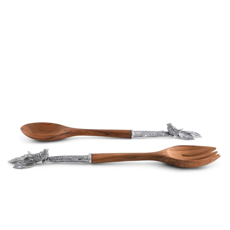 13" Acacia Wood and Pewter Song Bird Salad Servers