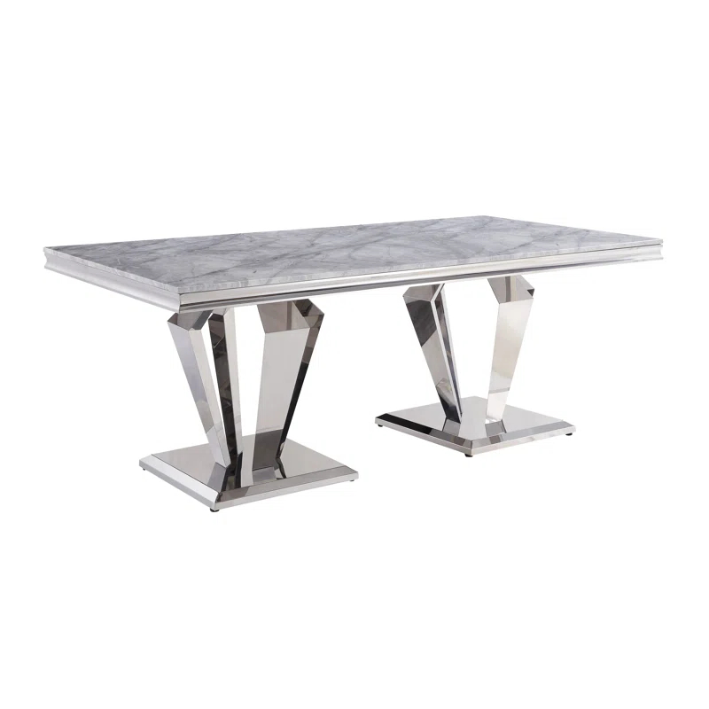 Everly Quinn Eardie Rectangular Dining Table in Light Gray and Mirrored Silver