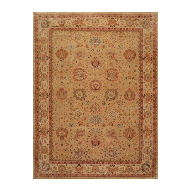 Hand-Knotted Beige and Blue Wool Oriental Rug, 9' x 12'