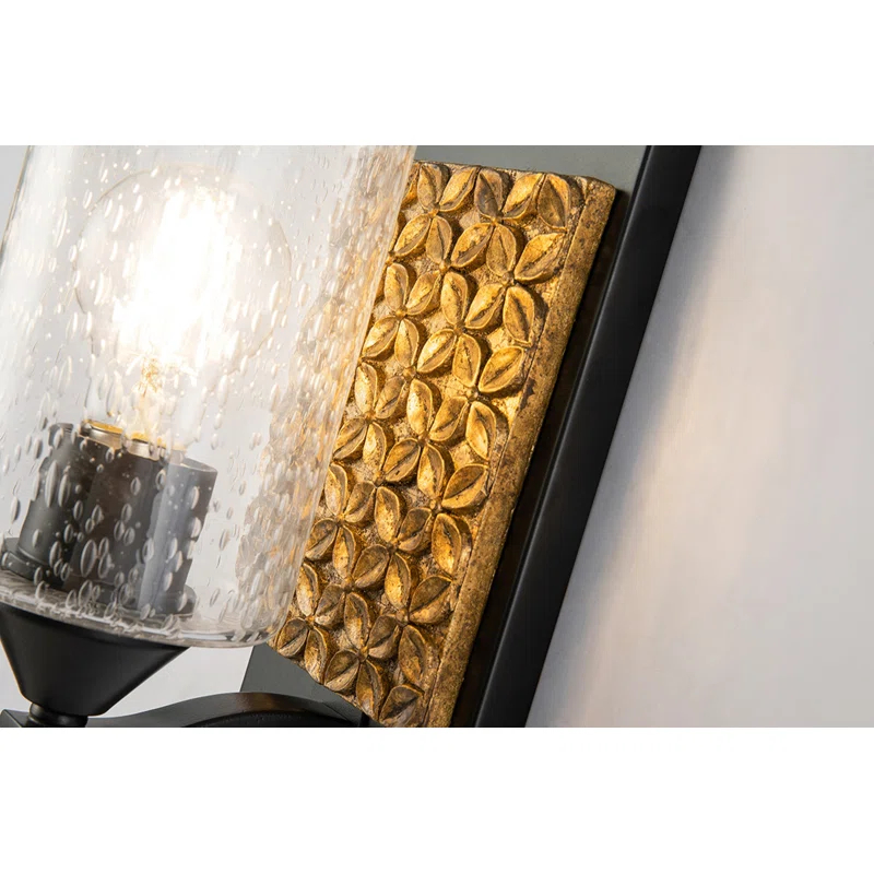 Arcadia Matte Black & Antiqued Gold Leaf Dimmable Sconce with Clear Bubble Glass