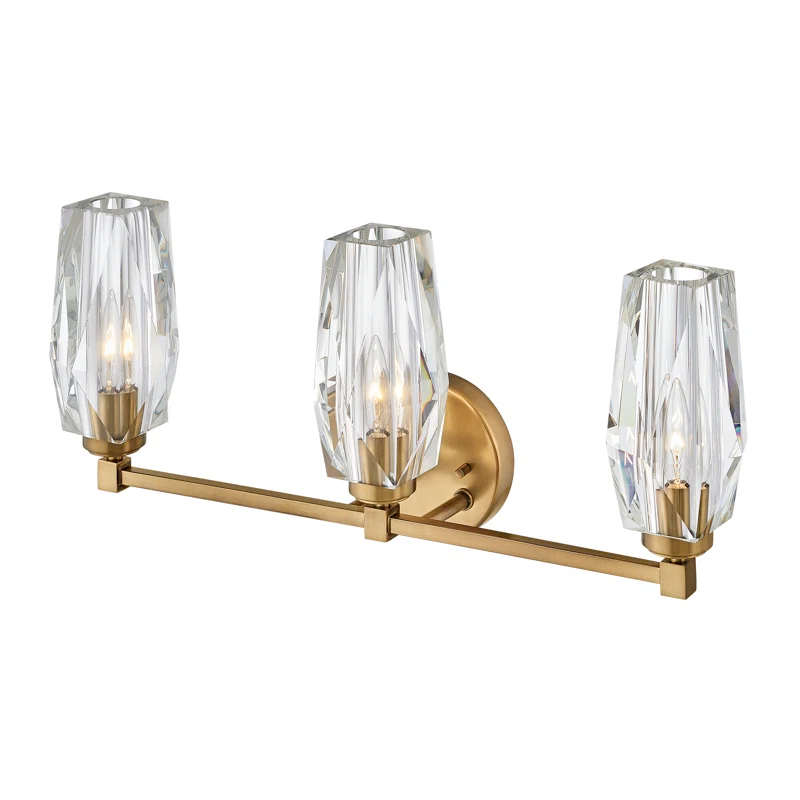Hinkley Ana 3-Light Bath Vanity w/ Faceted Heavy-Cut Diamond-Shaped Crystal Shades - Heritage Brass