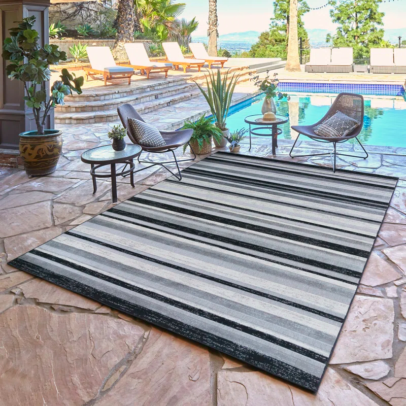 Fosel Muxia Gray/Black Modern Micro Stripped Hi-Low Flatweave Indoor/Outdoor Area Rug