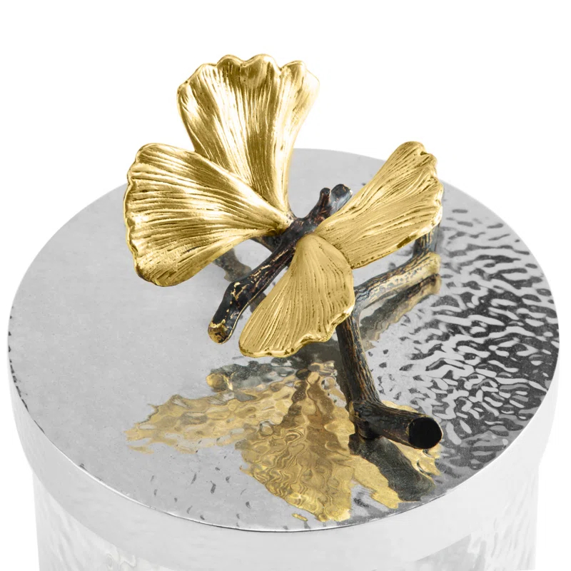 Butterfly Ginkgo Elegant Canister 6"H x 5.5" DIA Crystal and Bronze