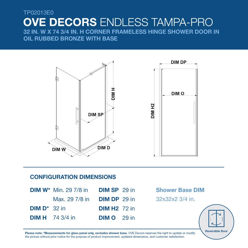 Endless Tampa-Pro 32" W x 72" H Corner Frameless Shower Kit, Door, Panel, Base